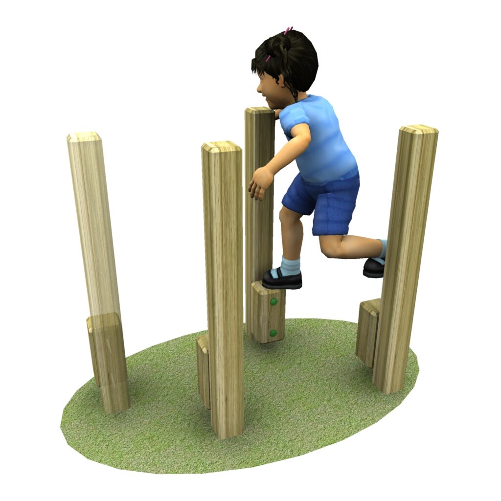 child in blue top and shorts using the timber walk & stretch posts