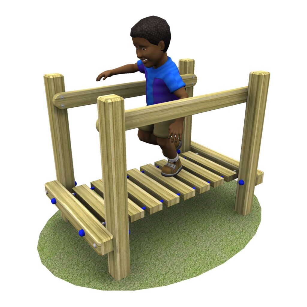Child in a blue top crossing a timber clatter bridge