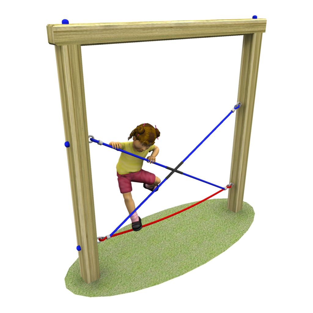 Child in a yellow tope and red shorts climbing across a red rope on the crossed rope
