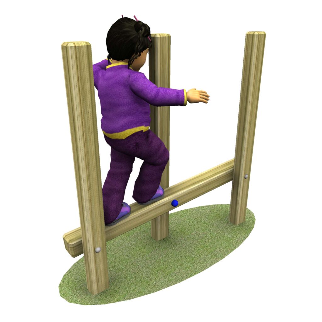 Child in a purple jumper and trousers balancing on the timber inclined balance weaver