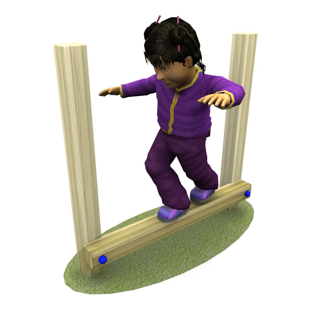 child in purple jumper and trousers balance on the link balance beam