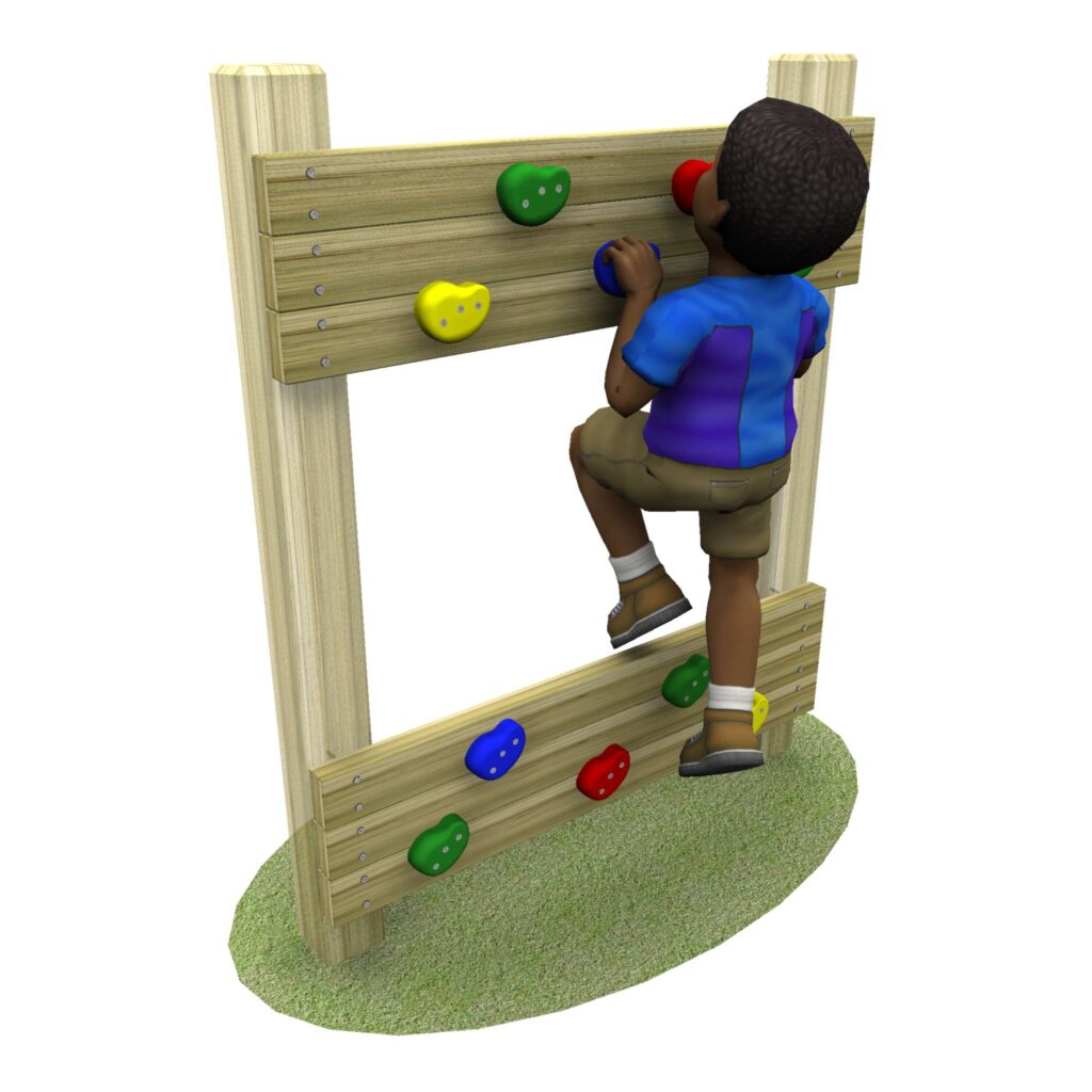Child in a blue top climbing the link bouldering wall using the hand and foot holds