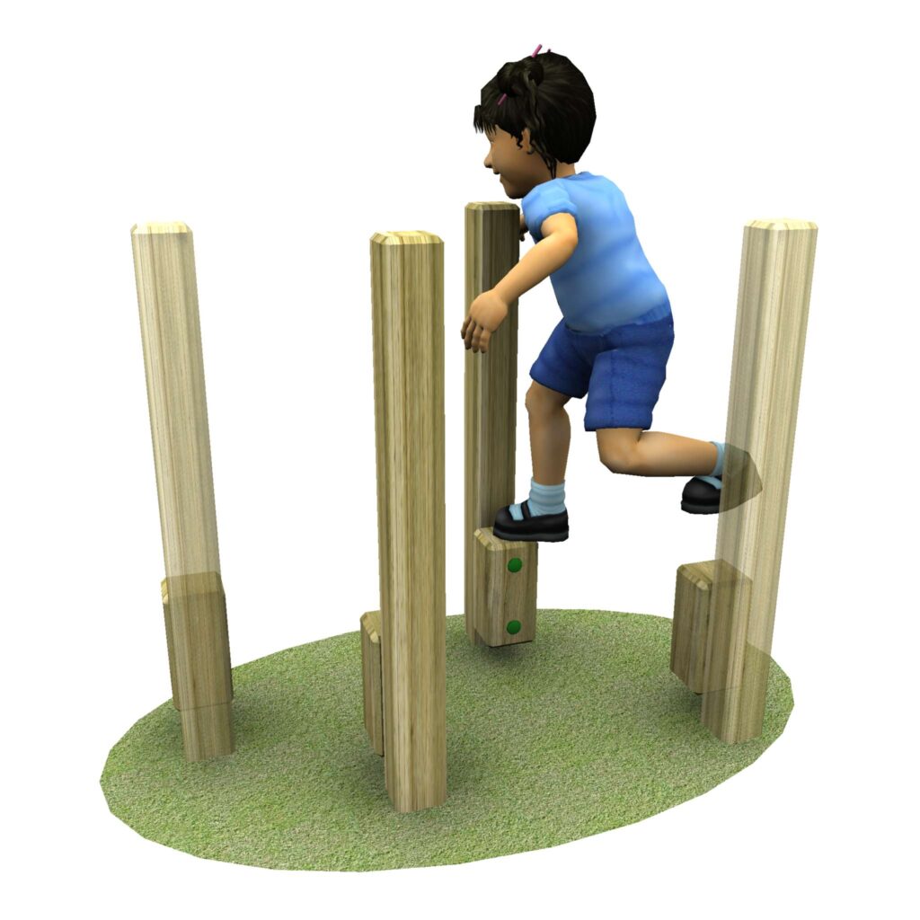 Child in a blue top using the link walk & stretch posts