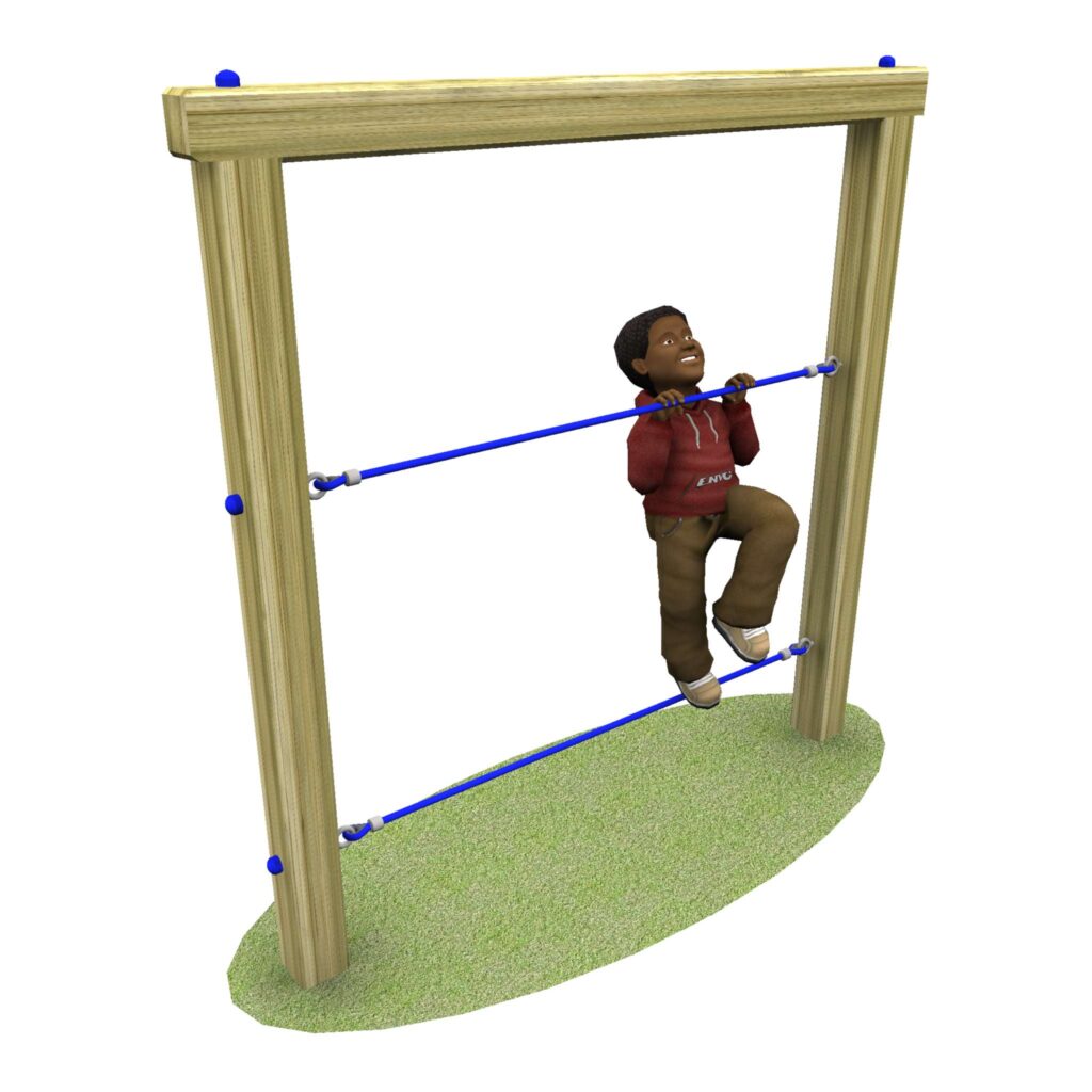 Child in a maroon top and brown trousers climbing across the EYFS parallel rope walk