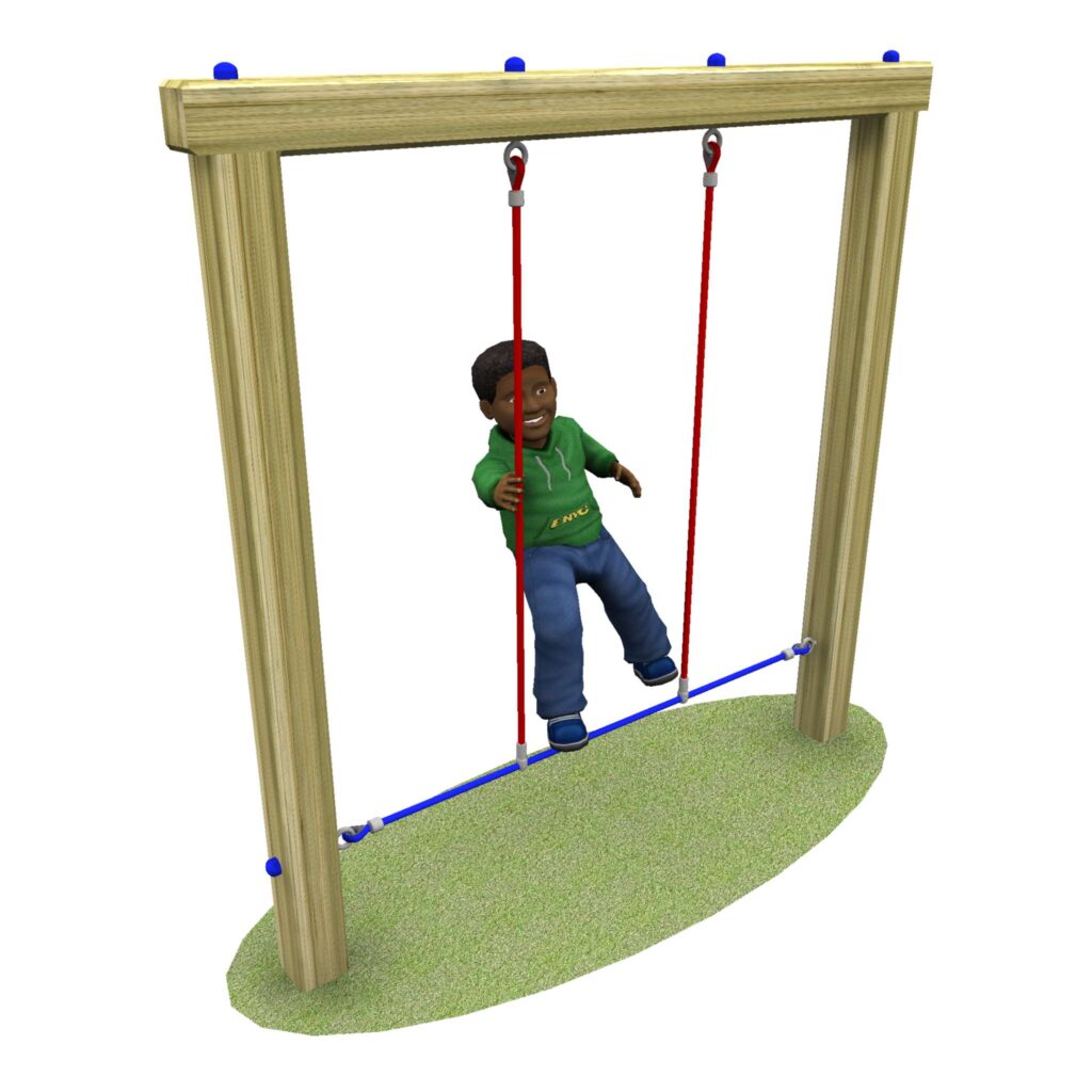 Child in a green jumper and jeans crossing the Rope Weaver Crossing
