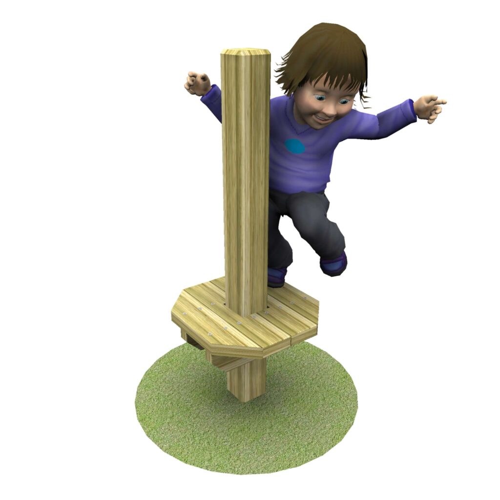 Child in a purple top balancing on the timber stepping tree