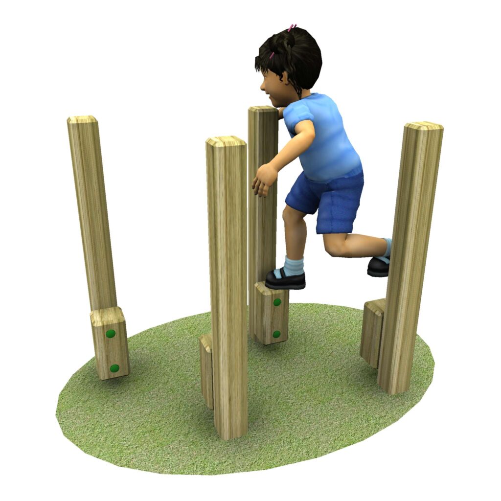 child in blue top and shorts jumping between the posts on the EYFS Timber walk and stretch