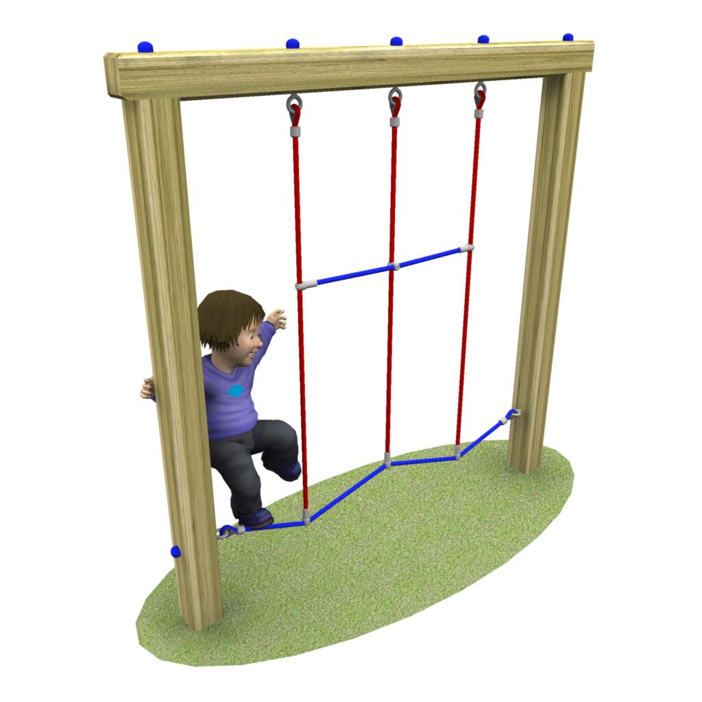 Child in a purple with black trousers climbing across the zig zag