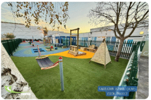 Castledon School outdoor sensory playground with colourful flooring, wooden teepee and hammock from Playtime by Fawns 