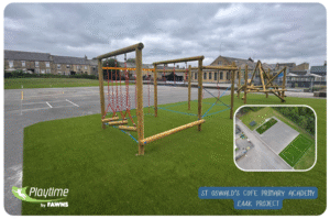 timber climbing frame with ropes at St Oswald’s Primary outdoor playground, Climbing frames from Playtime by Fawns 