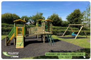 An image of a community play area with a wooden climbing frame and a nest swing for Risinghurst and Sandhills Council by Fawns.