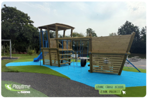 An image of a wooden boat with blue ropes and a slide in a play area for Stone Cross School by Playtime by Fawns