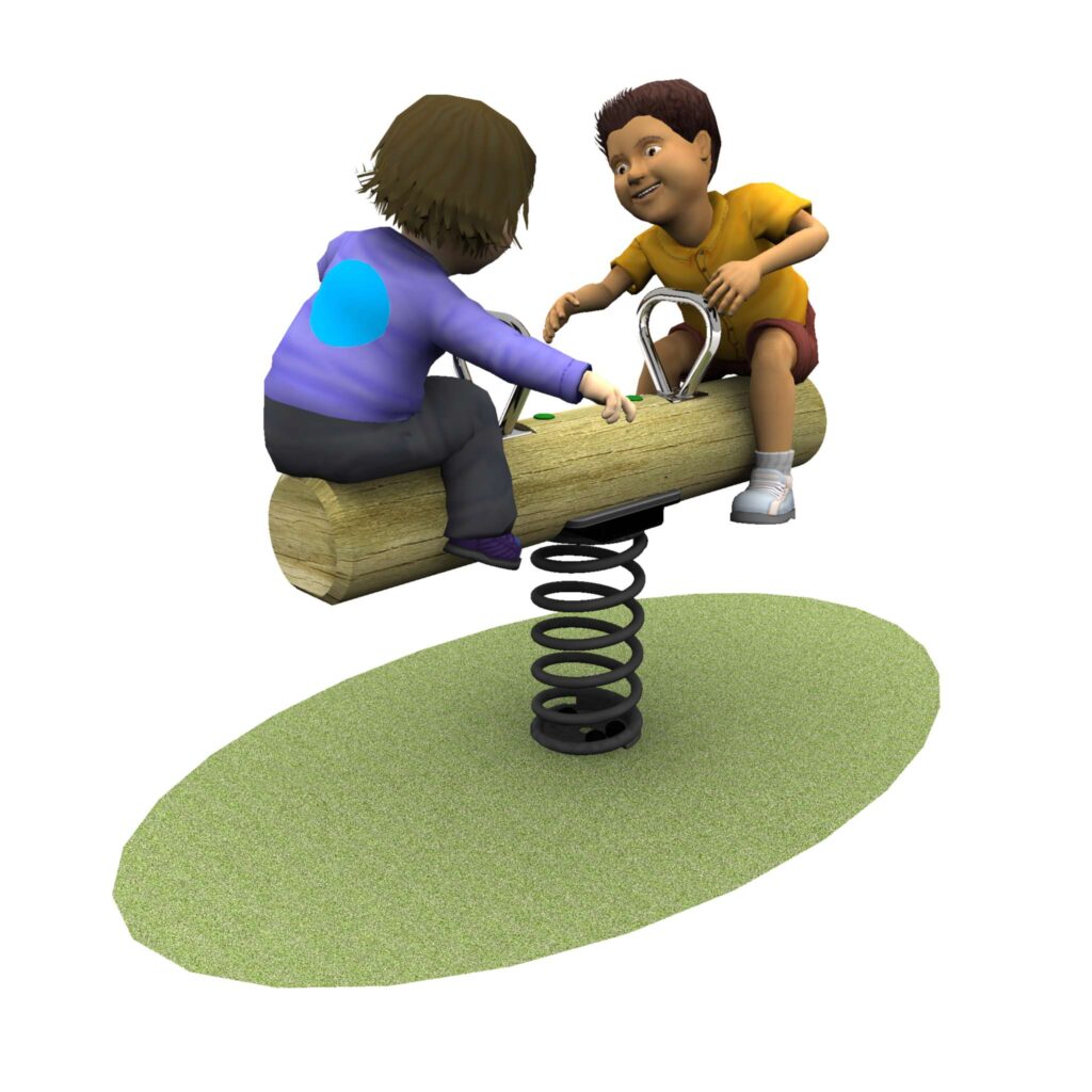 Wooden springer with 2 children using it. One child in a yellow to and another child in a purple top
