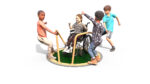 Four children, including one using a wheelchair, play together on the Unity Spinner, an accessible playground roundabout set against a white background.