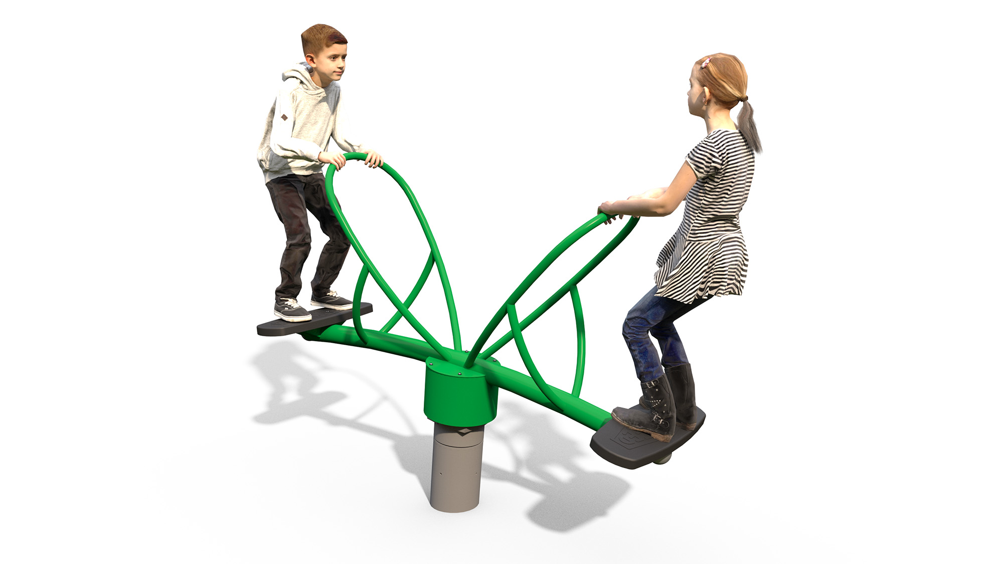 Two children, a boy and a girl, are playing on a modern green seesaw with curved handles, against a plain white background.
