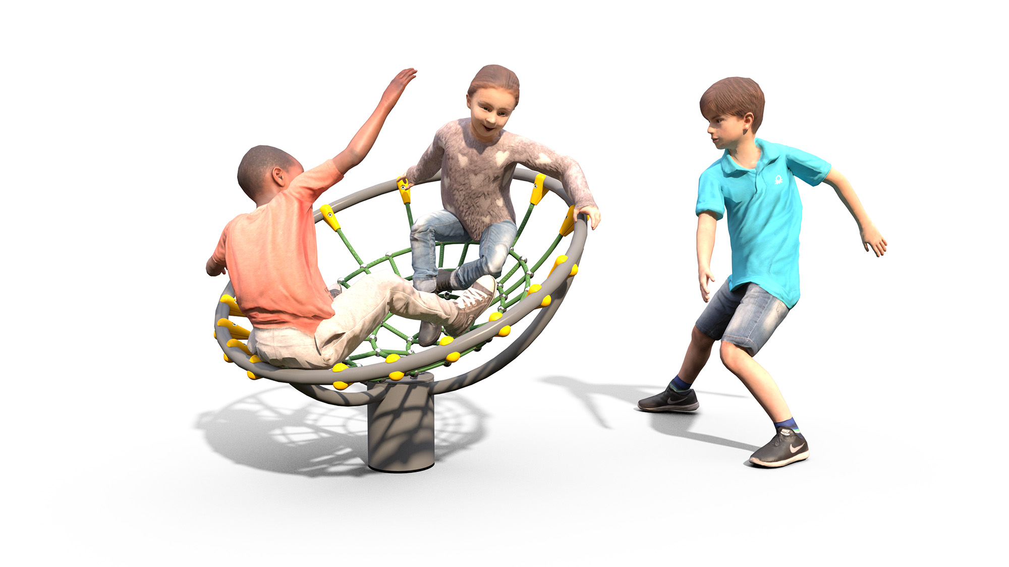 Three children are playing on a circular climbing playground structure, with two sitting inside and one standing beside it, all on a white background.