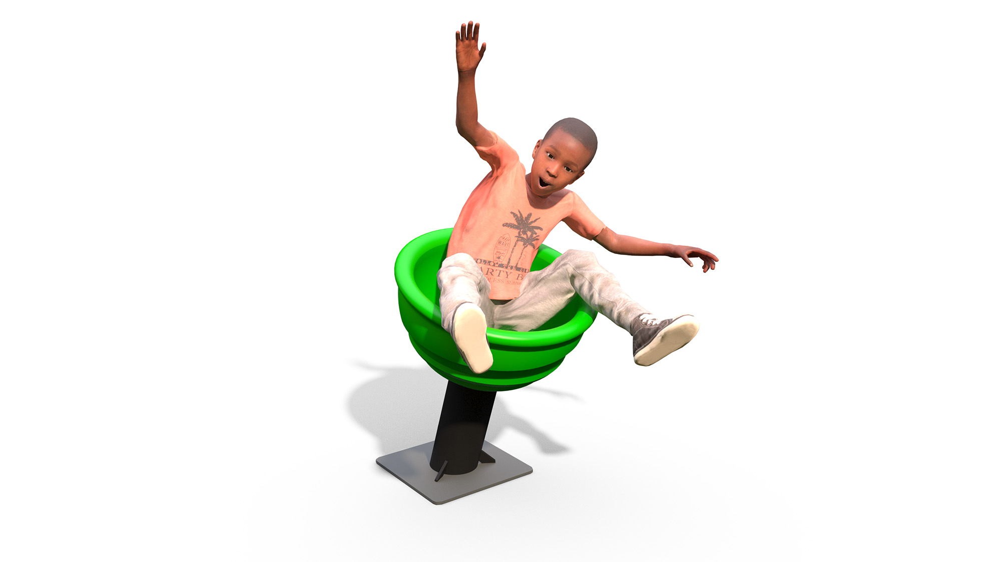 A child wearing a peach shirt and light trousers sits in a green spinning chair with one arm raised, appearing to be in motion against a white background.