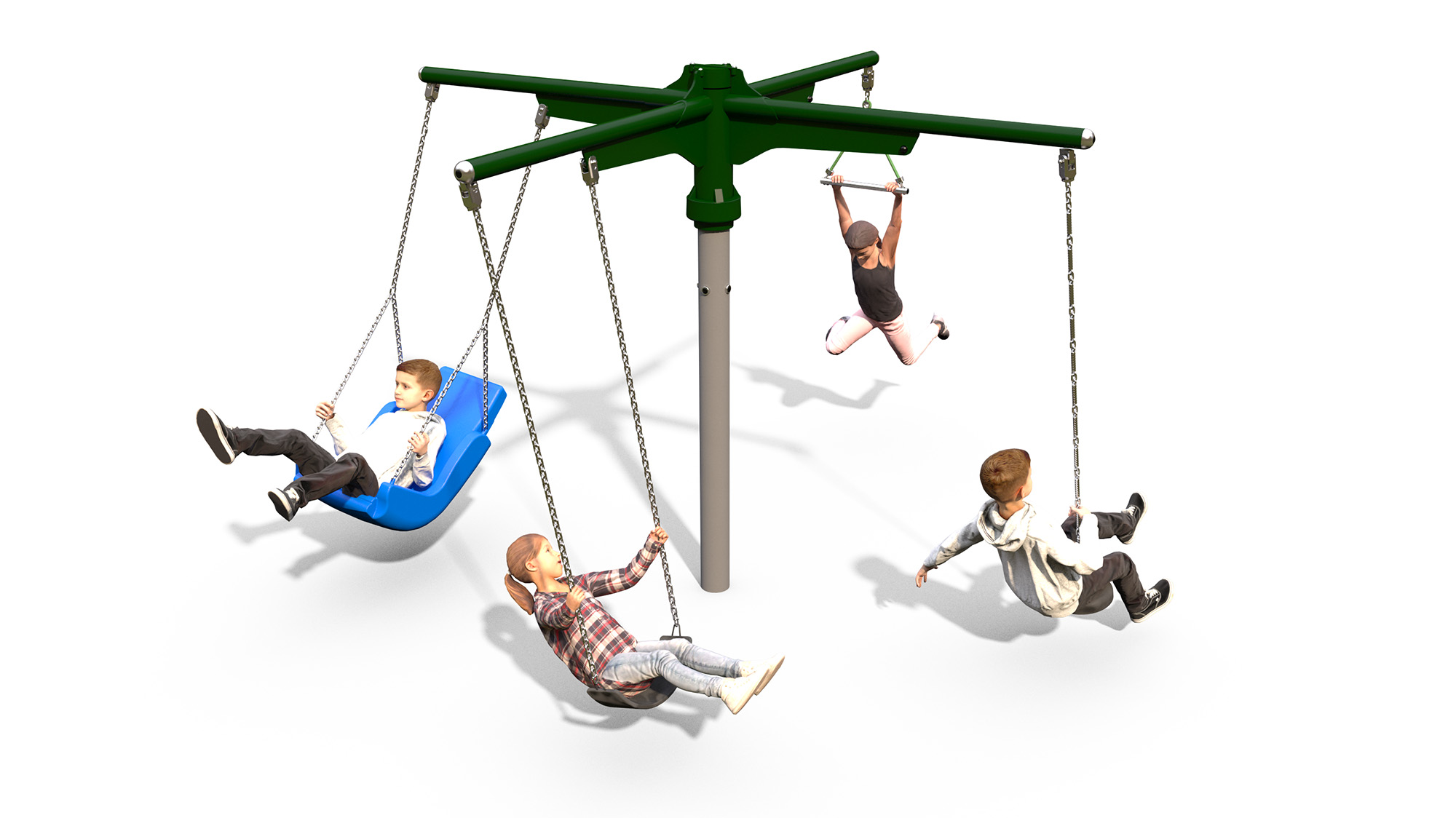Four children are playing on a round swing set, each sitting or hanging from different swings attached to a central green post.