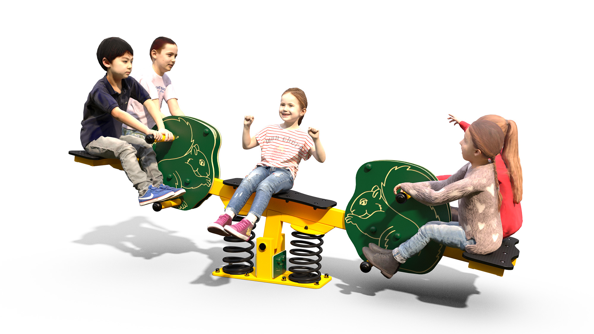 Four children are sitting on a playground seesaw with spring supports and animal-shaped seats, appearing to enjoy the ride.