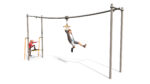 Two children play on a zip wire structure; one child rides the zip wire while the other waits on the platform.