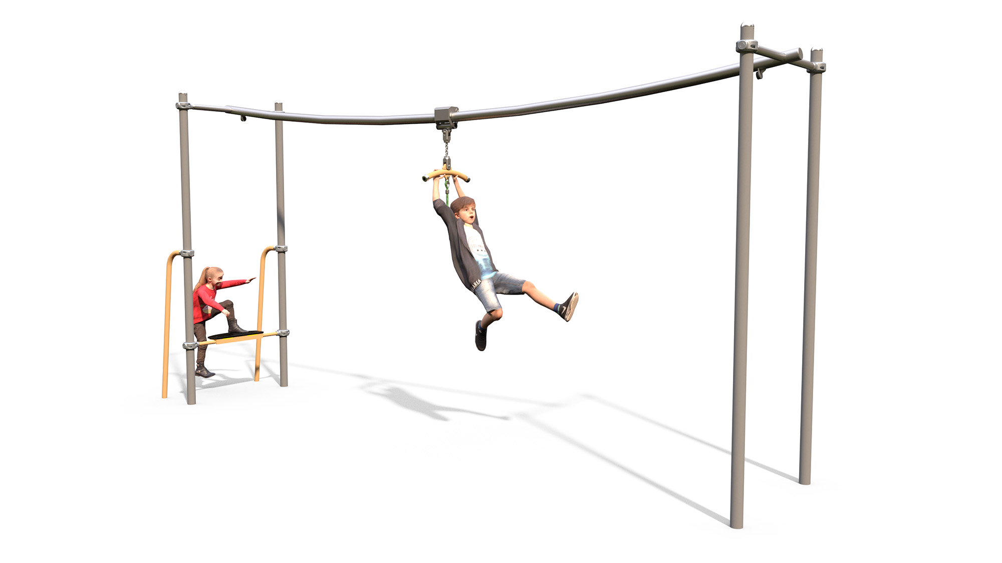 Two children play on a zip wire structure; one child rides the zip wire while the other waits on the platform.