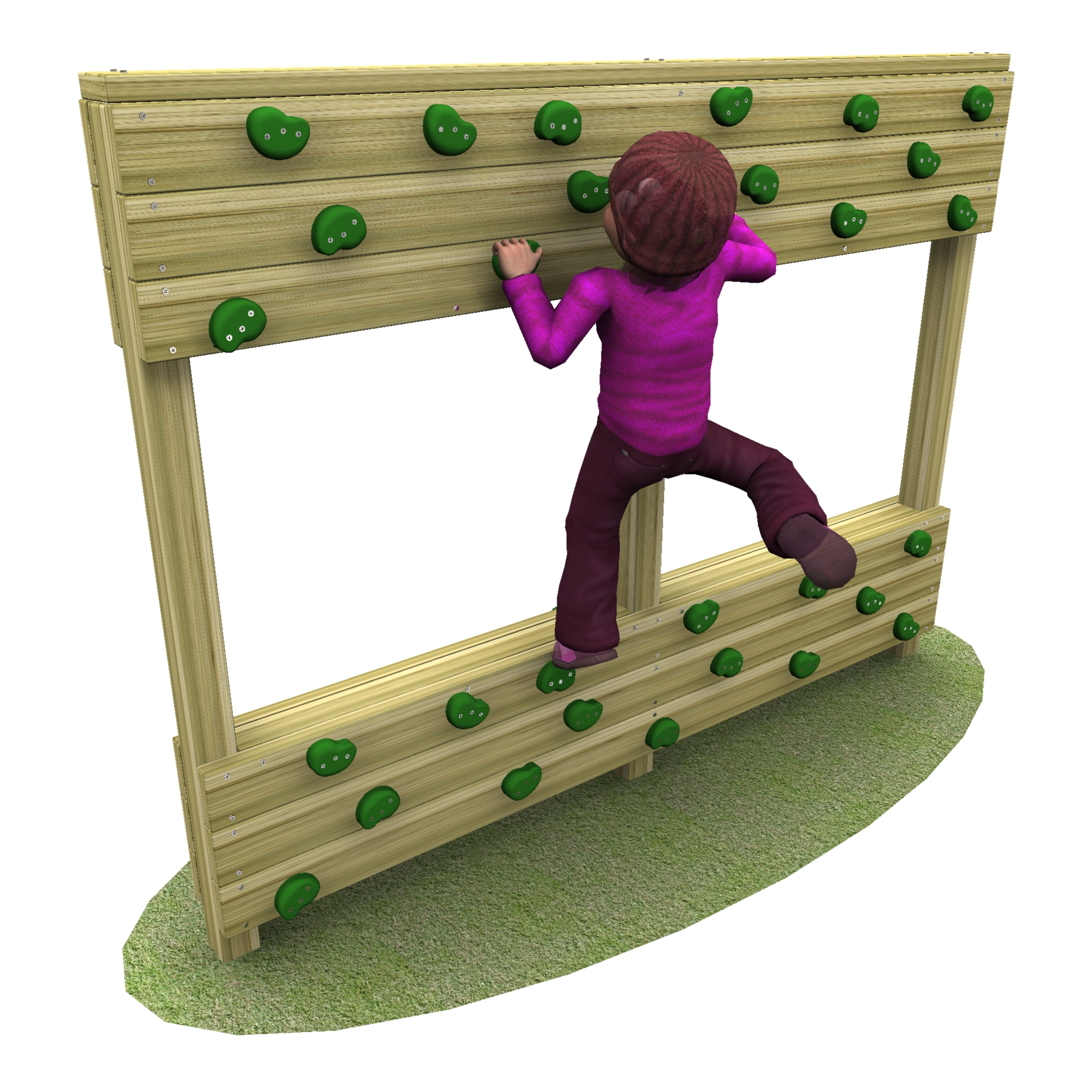 A child wearing a purple outfit climbs a wooden climbing wall with green holds, set on a patch of grass.