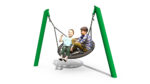 Two children sit together on a circular tyre swing suspended by chains from a green metal frame, against a plain white background.