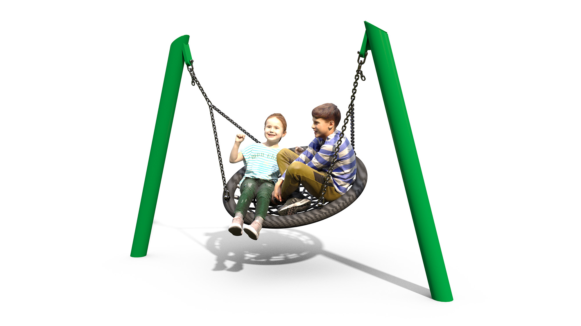 Two children sit together on a circular tyre swing suspended by chains from a green metal frame, against a plain white background.