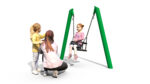 A woman kneels next to a young girl standing by a green swing set, whilst another child sits on the swing, all against a white background.