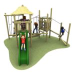 Children playing on a wooden playground structure with a slide, climbing ropes, platforms, and a small roofed area.