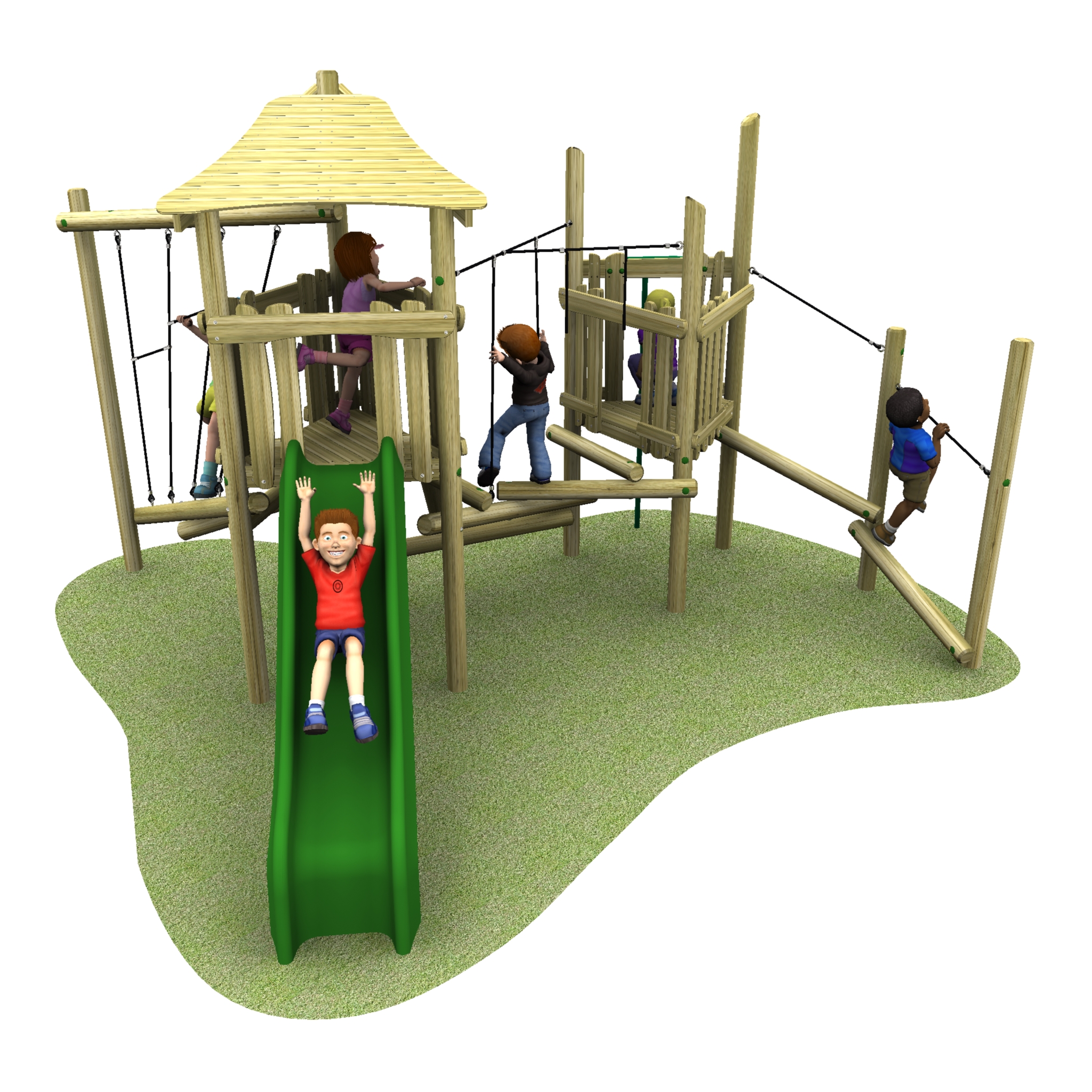 Children playing on a wooden playground structure with a slide, climbing ropes, platforms, and a small roofed area.