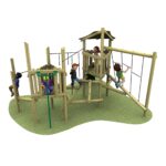 Children playing on a wooden playground structure with climbing nets, a slide, and raised platforms on a patch of grass.