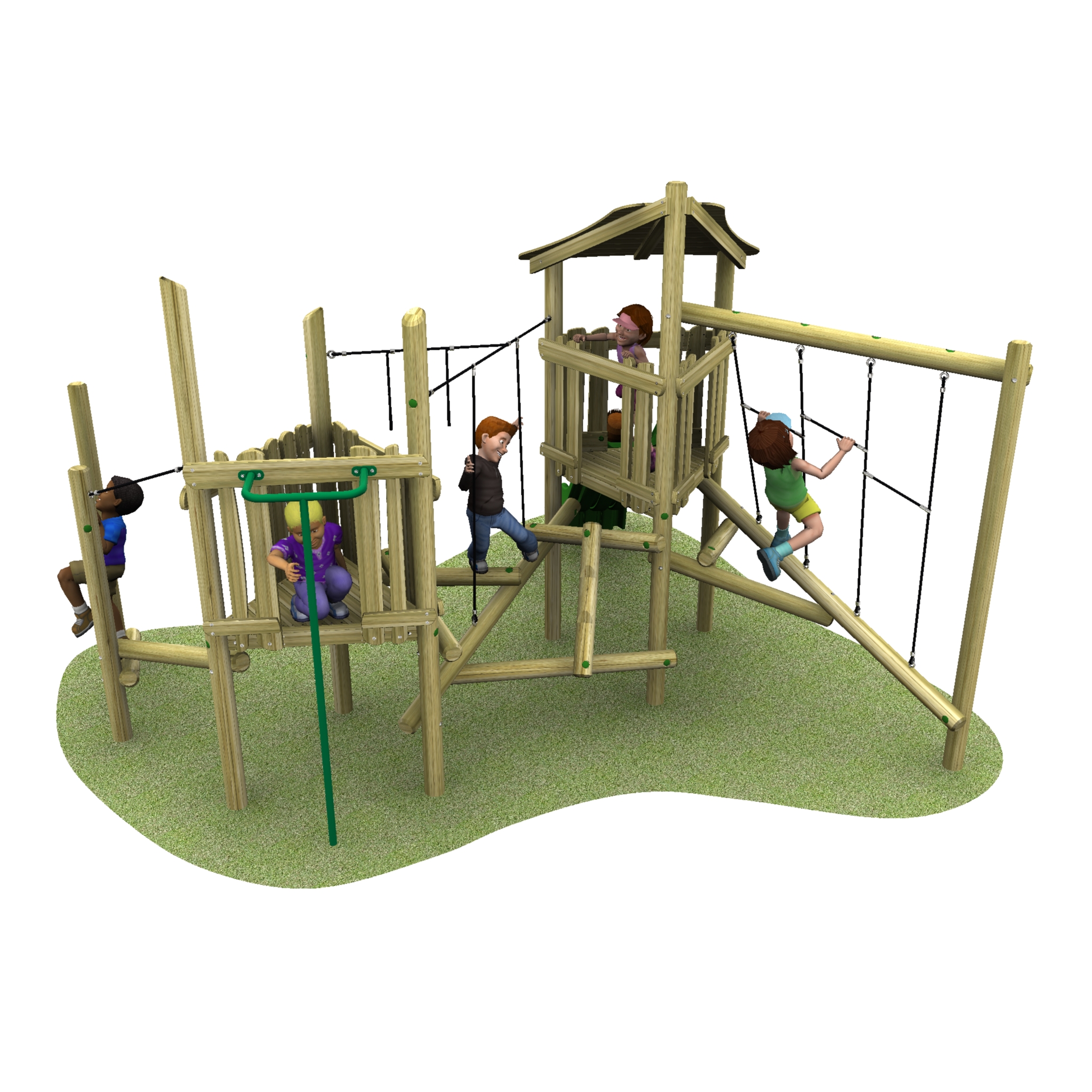 Children playing on a wooden playground structure with climbing nets, a slide, and raised platforms on a patch of grass.