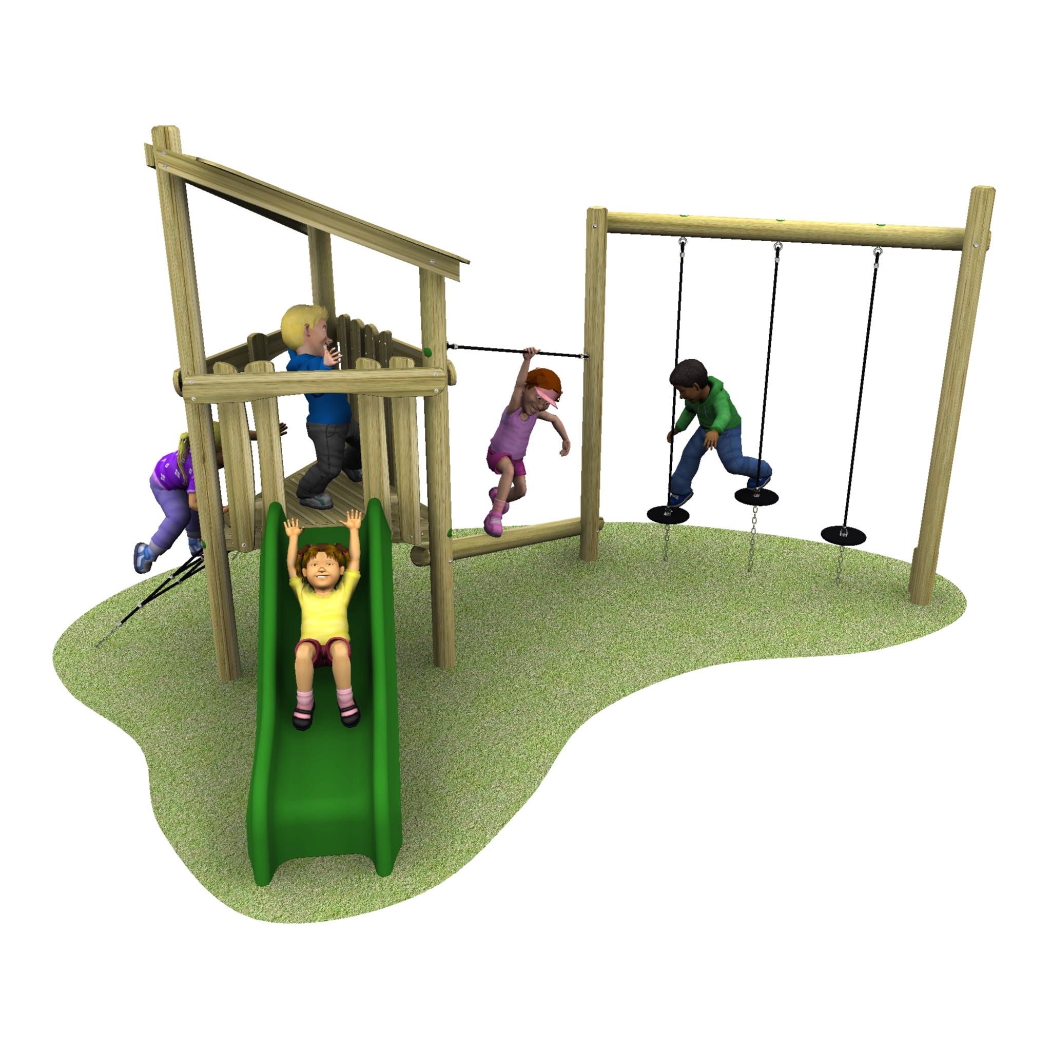 Four children play on an outdoor playground structure with a green slide, swings, and climbing features on a grassy surface.