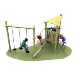 Four children play on a wooden playset with swings, a slide, climbing net, and raised platform on a grassy surface.