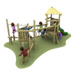 Children play on a wooden playground structure with bridges, ropes, and a slide, set on a patch of grass.