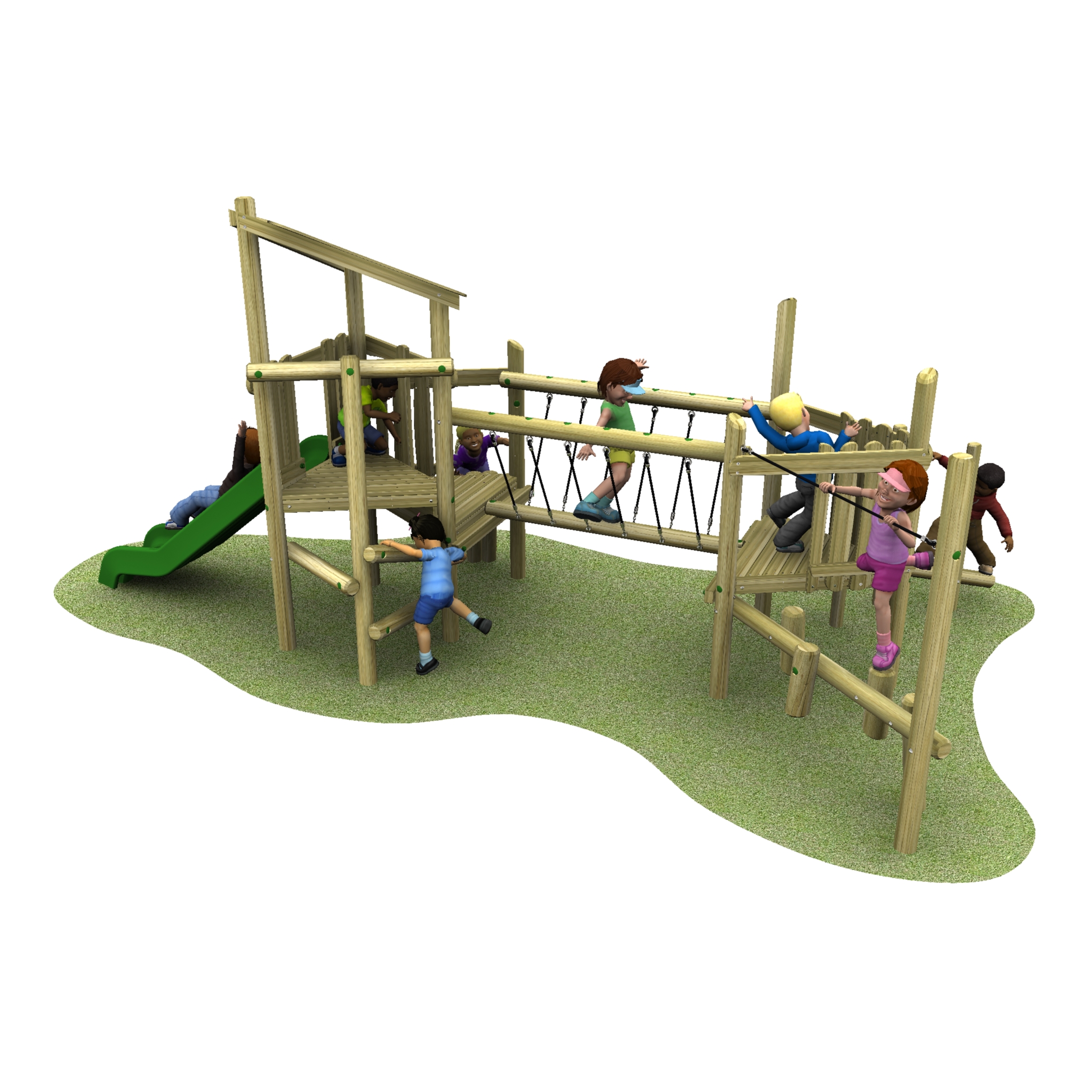 Children play on a wooden playground structure with a slide, rope bridge, climbing areas, and grassy base.
