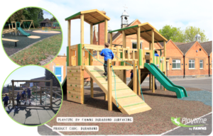 Children play on a wooden playground structure with slides, climbing frames, and safety surfacing in a schoolyard. Two inset images show different views of the playground.