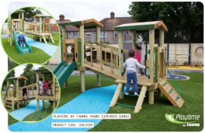Children play on a wooden outdoor playground structure with slides, climbing elements, and ramps—perfectly complementing outdoor fitness equipment for schools. Inset images show close-ups of children using the equipment.