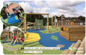 Outdoor playground with climbing frames, swings, slides, and colourful wetpour safety surfacing. Children are playing on the equipment. Residential buildings and trees in the background.