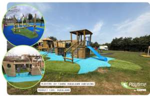 Children's playground with wooden climbing frames, slides, and FAWNS Duralawn surfacing in blue and green. Two inset images show different views of the play area.