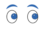Two cartoon eyes with blue irises and raised blue eyebrows on a white background.