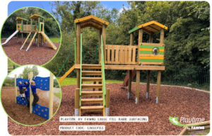 Children’s wooden playground set on bark surfacing, featuring slides, climbing frames, and a playhouse, surrounded by trees. Inset images show children climbing and sliding.