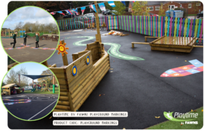 Primary school playground with colourful surface markings, wooden play structures, and fenced boundaries; inset images show additional views of the play area and markings.