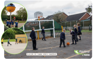 Children play basketball and football on an outdoor playground fitted with sports equipment, including a basketball hoop, activity stations, and outdoor fitness equipment for schools.