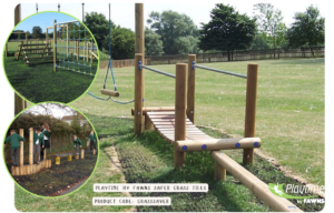 Wooden playground equipment with rope bridges and climbing nets is installed on grass, with safer grass tiles beneath. Children use the equipment in the inset images. Playtime by Fawns branding shown.