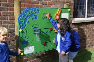 Three young children interact with an outdoor science activity board mounted on a brick wall. The board features dials, levers, and labelled scientific elements.