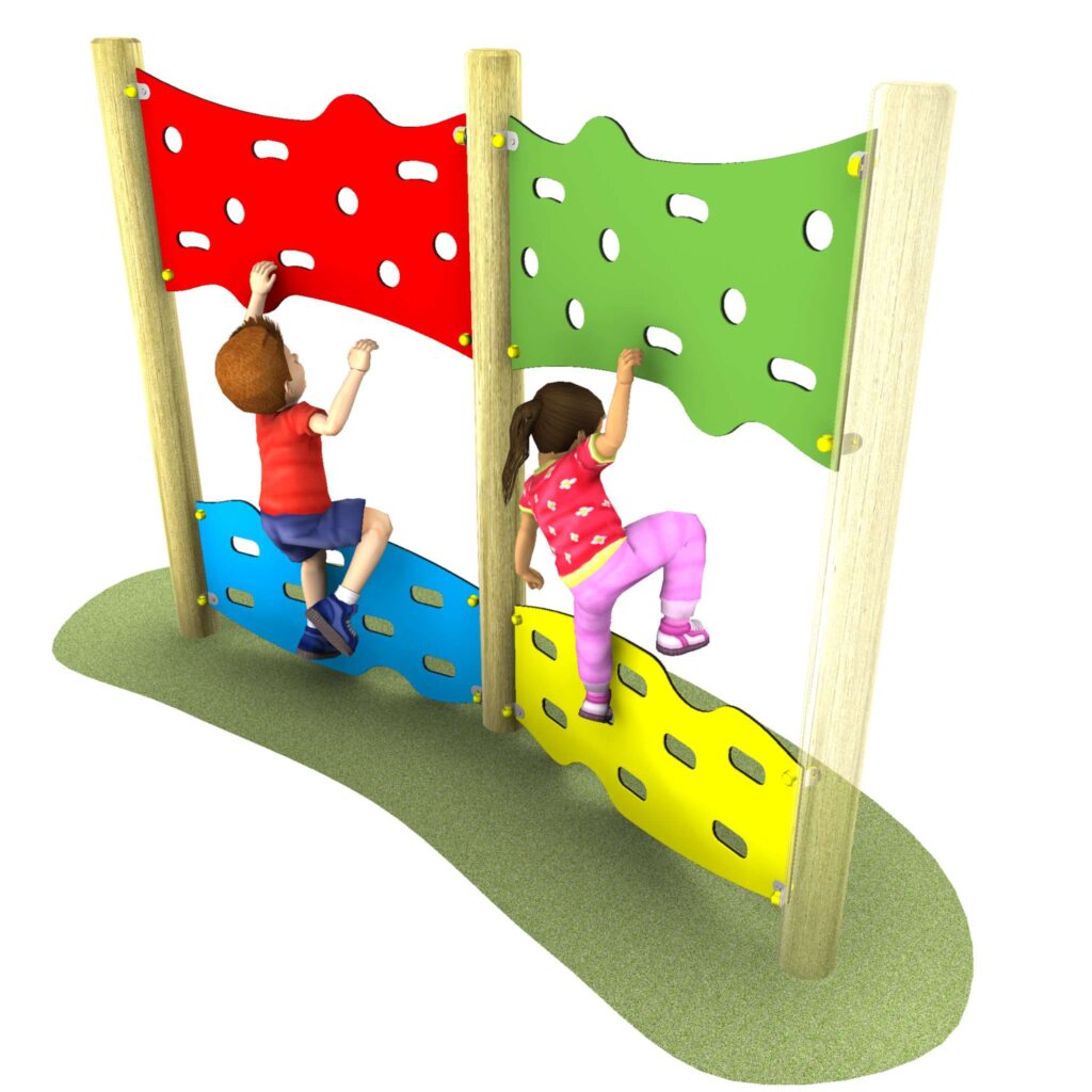 Two children climb an adjoining jigsaw traverse playground wall with red, green, blue, and yellow panels on a grassy surface.