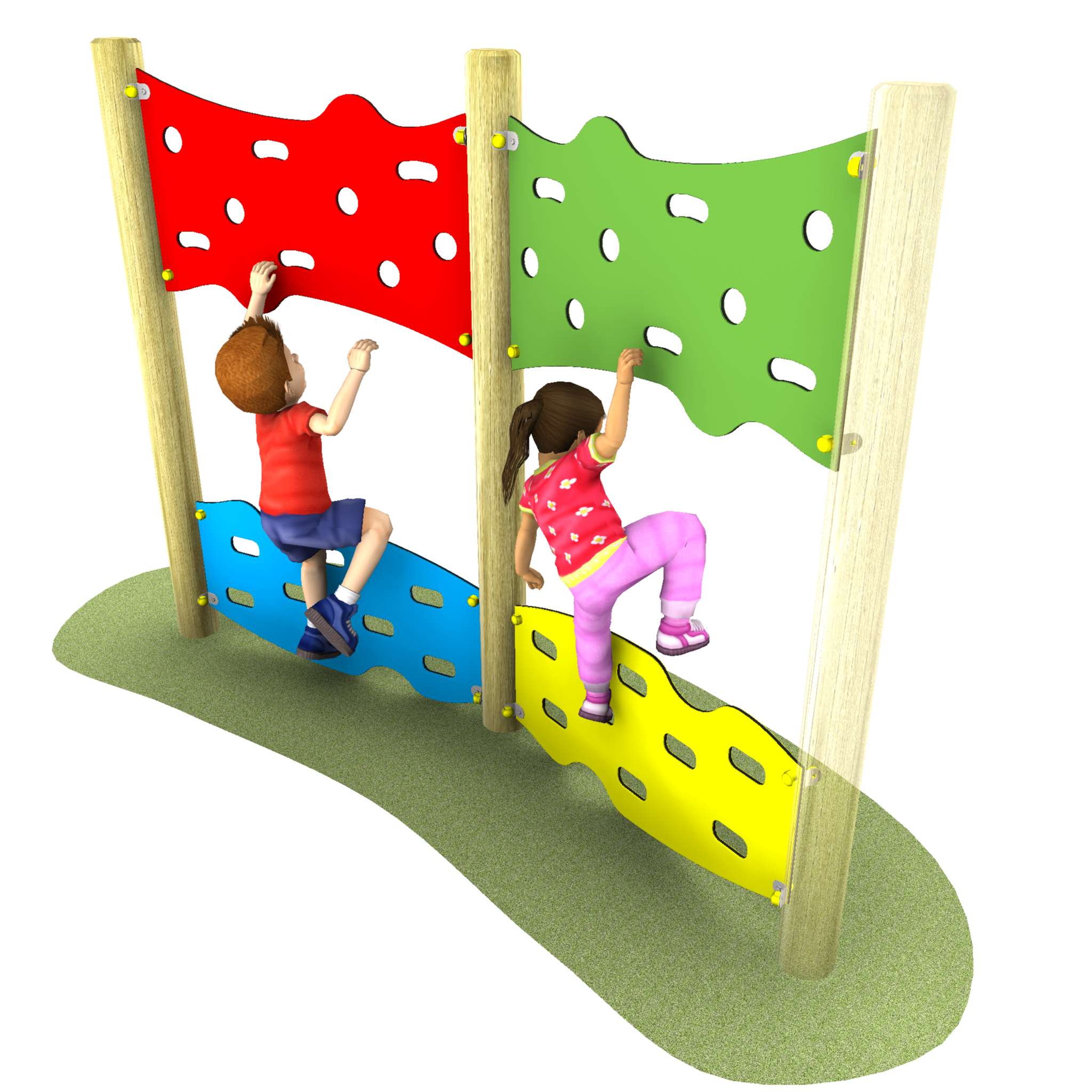 Two children climb an adjoining jigsaw traverse playground wall with red, green, blue, and yellow panels on a grassy surface.