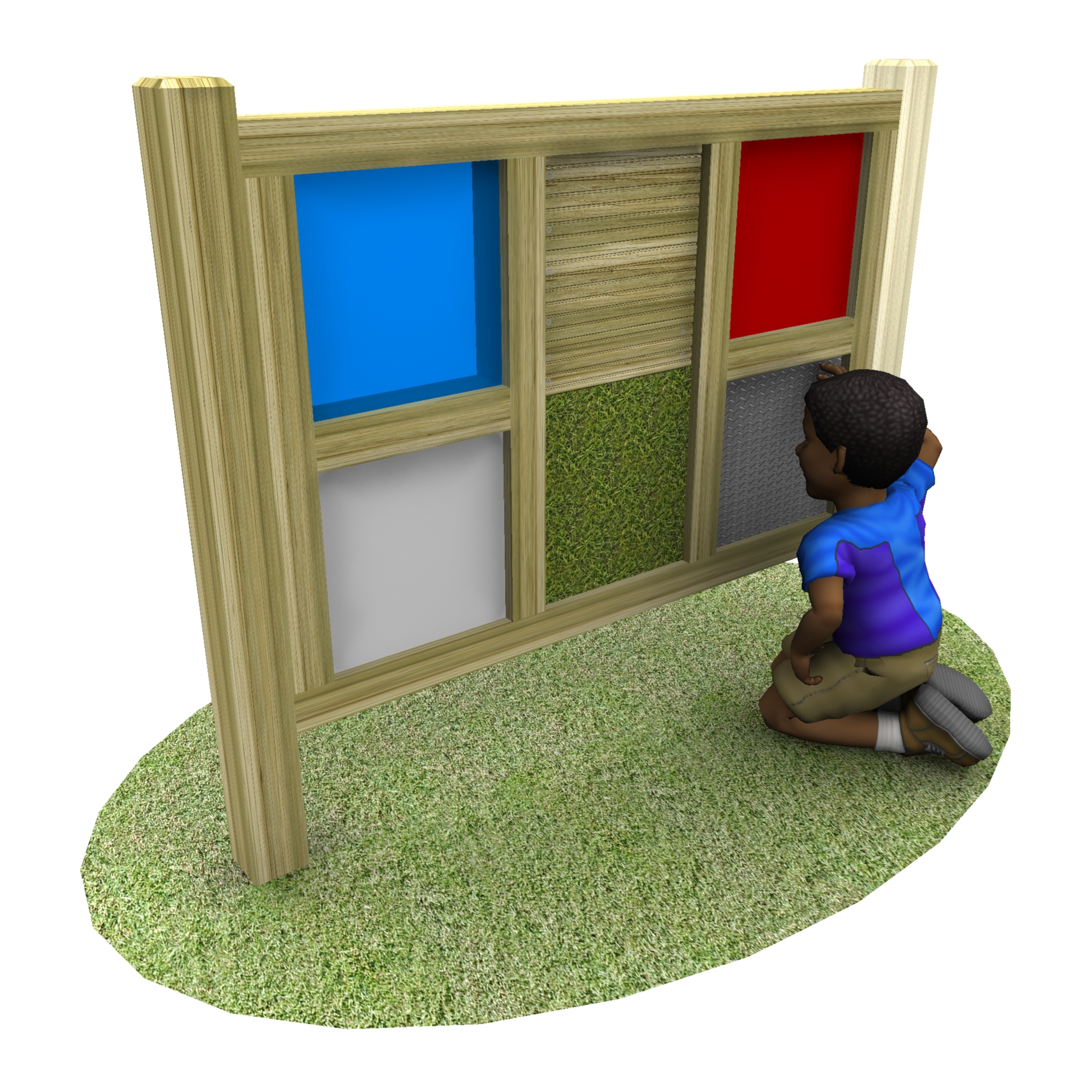 A child kneels on grass in front of a Tactile Sensory Board – 6 Panels, featuring wooden sections with different colours and textures.